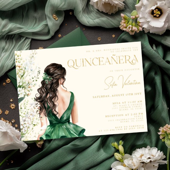 Invitación Quinceañera Emerald Green Vress Floral Brunette (Quinceañera Emerald Green Dress Floral Brunette Invitation)