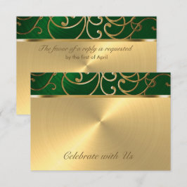 Invitación Quinceanera Emerald Green y Gold Filigree Swirls