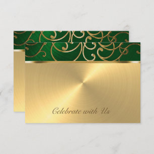 Invitación Quinceanera Emerald Green y Gold Filigree Swirls