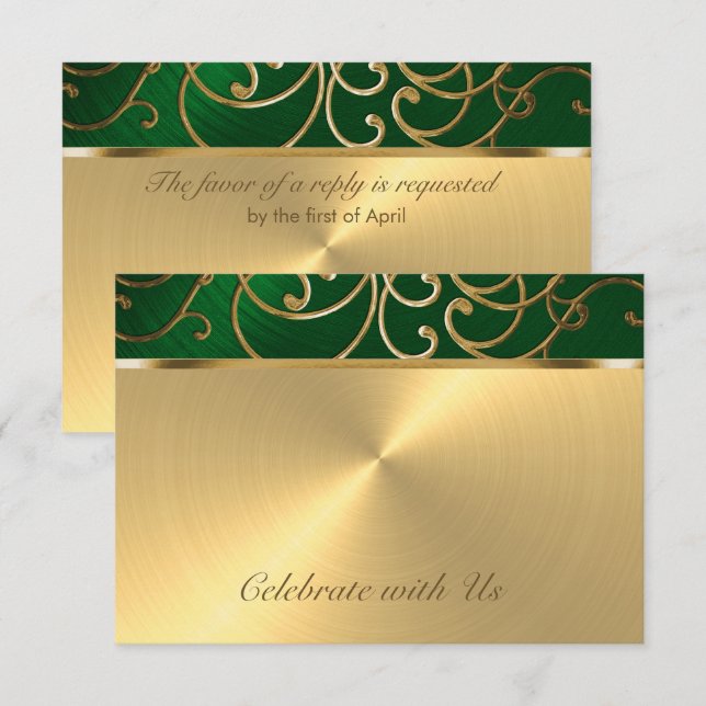 Invitación Quinceanera Emerald Green y Gold Filigree Swirls (Anverso / Reverso)