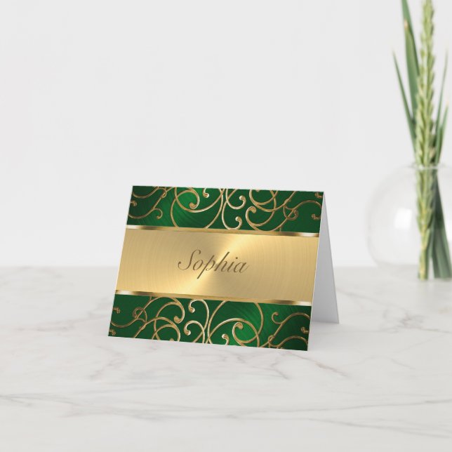Invitación Quinceanera Emerald Green y Gold Filigree Swirls (Anverso)