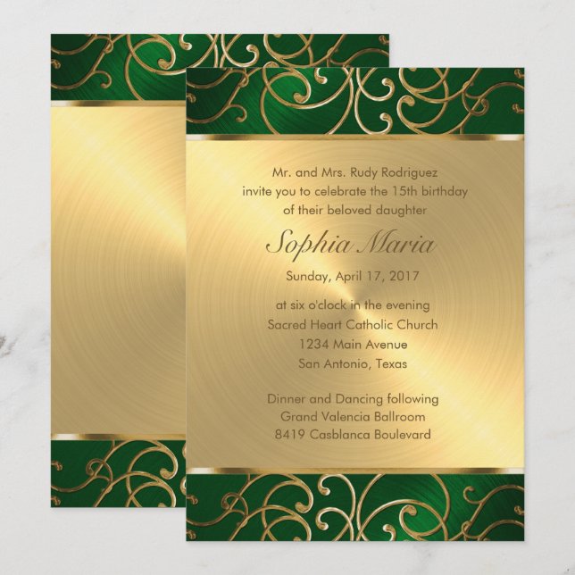Invitación Quinceanera Emerald Green y Gold Filigree Swirls (Anverso / Reverso)