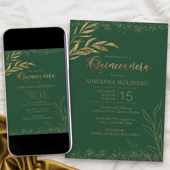 Invitación Quinceanera Emerald Green y Gold Leaf Elegante (Elegant Quinceanera invitation in emerald green from my Gold Leaf Collection)