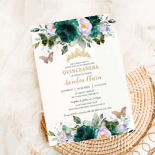 Invitación Quinceañera Emerald Purple Floral Butterflies Gold