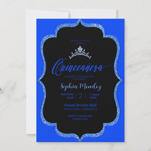 Invitación Quinceanera en azul y negro (Anverso)