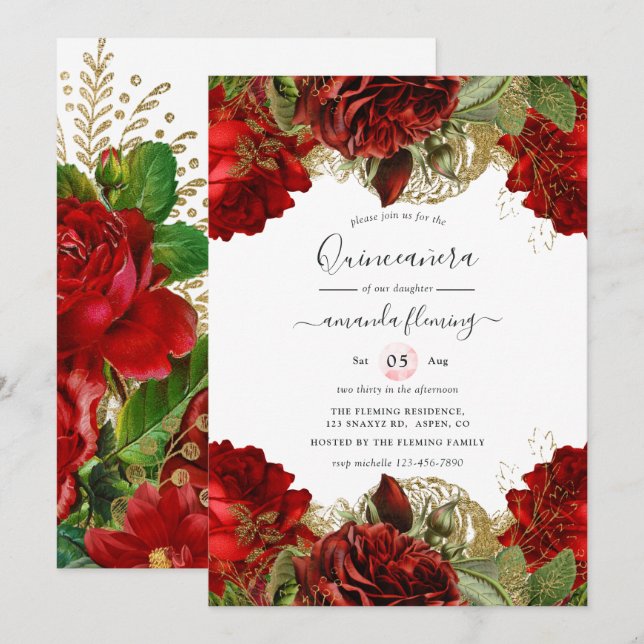 Invitación Quinceañera en Borgoña, Rosas de la cosecha de oro (Anverso / Reverso)