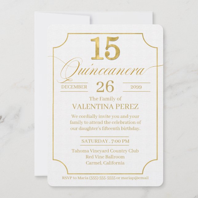 Invitación Quinceanera en idioma inglés de oro con foto (Reverso)