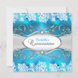 Invitación Quinceañera encaje azul turquesa y marco de plata