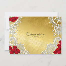 Invitación Quinceañera Encaje Blanco Rosas Rojas sobre Dorado