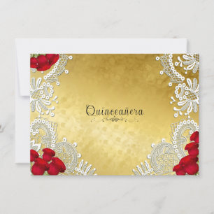 Invitación Quinceañera Encaje Blanco Rosas Rojas sobre Dorado