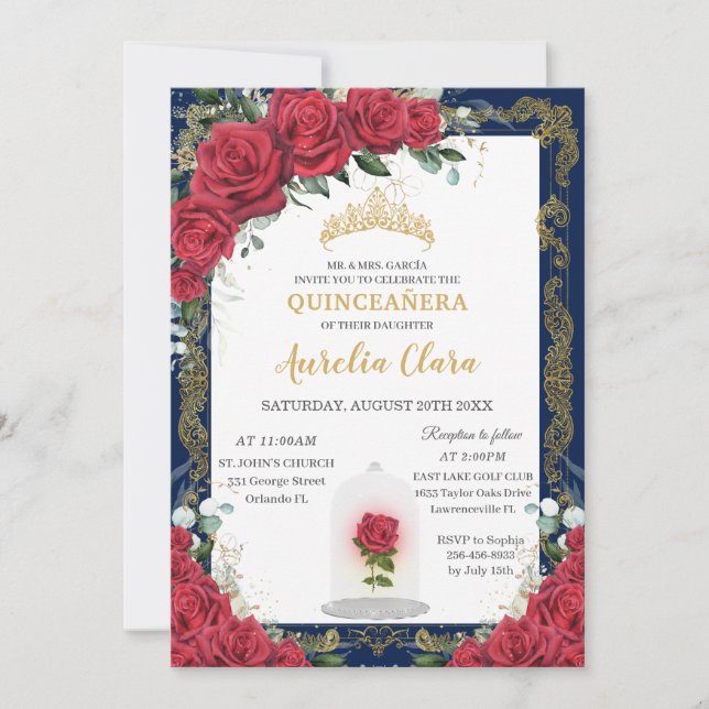 Invitación Quinceañera encantada Marina Rosa Roja Oro Azul (Anverso)