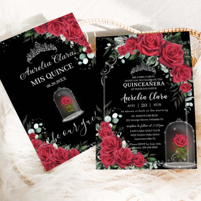 Invitación Quinceañera Encantada Rosa Roja Floral Plata Negra (Subido por el creador)