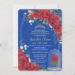 Invitación Quinceañera Encantada Rosa Roja Floral Real Azul