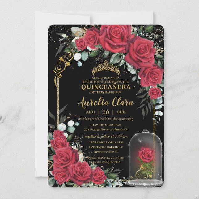 Invitación Quinceañera Encantada Roses Rojas Floral Oro Negro (Anverso)