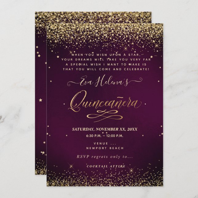 Invitación Quinceañera, escrita en la estrella, DIY Burgundy (Anverso / Reverso)