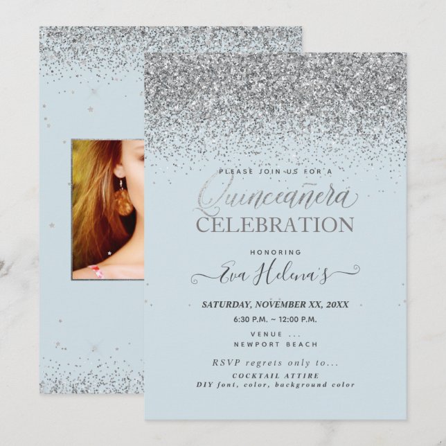 Invitación Quinceañera, escrita en la estrella, DIY Dusty Blu (Anverso / Reverso)