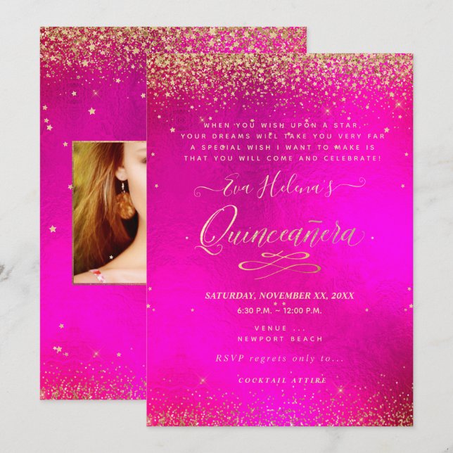 Invitación Quinceañera, escrita en la estrella, Hot PInk (Anverso / Reverso)