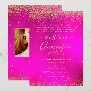 Invitación Quinceañera, escrita en la estrella, Hot PInk