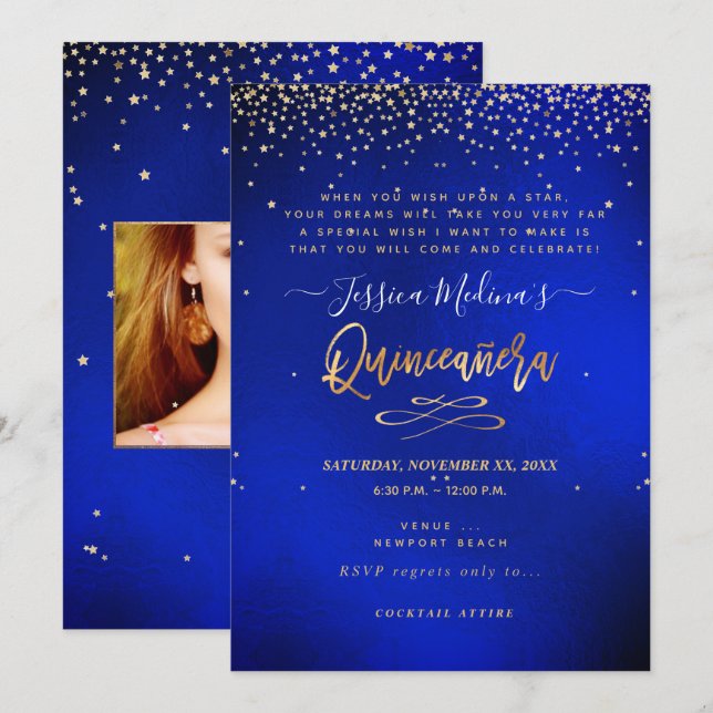 Invitación Quinceañera, escrita en la estrella, terciopelo az (Anverso / Reverso)