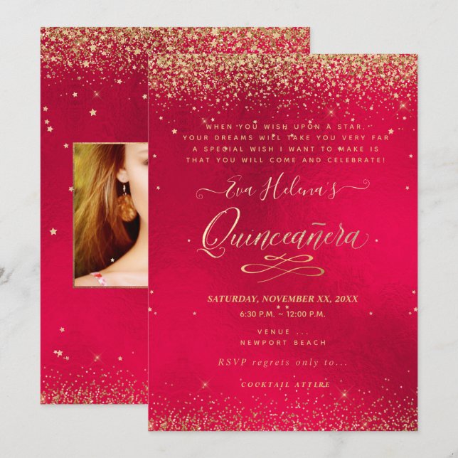 Invitación Quinceañera, escrita en la estrella, terciopelo ro (Anverso / Reverso)