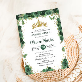 Invitación Quinceañera Esmeralda Verde Floral Mariposas Tiara