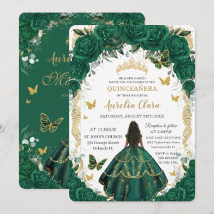 Invitación Quinceañera Esmeralda Verde Floral Marrón Princesa