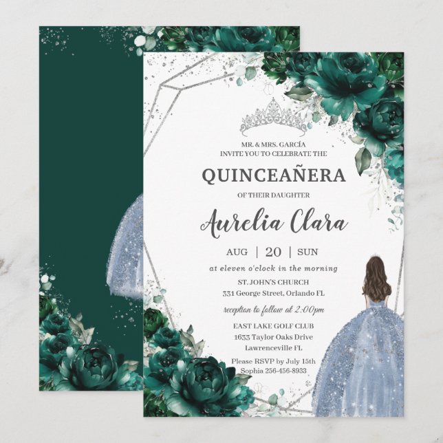 Invitación Quinceañera Esmeralda Verde Floral Plata Azul Vest (Anverso / Reverso)
