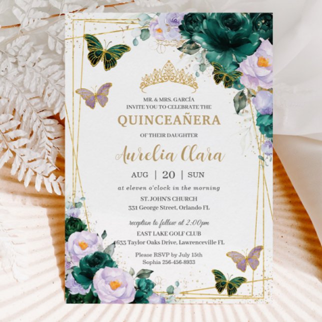Invitación Quinceañera Esmeralda Verde Morado Mariposa Floral (Subido por el creador)