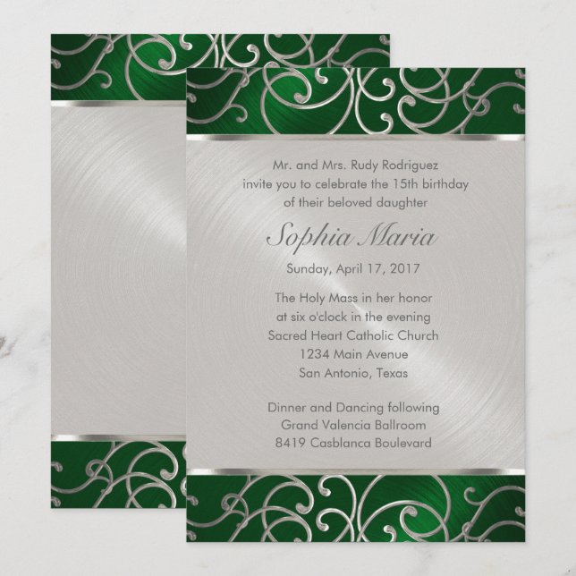 Invitación Quinceanera Esmeralda Verde Plata Filigrre Swirls (Anverso / Reverso)