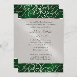 Invitación Quinceanera Esmeralda Verde Plata Filigrre Swirls
