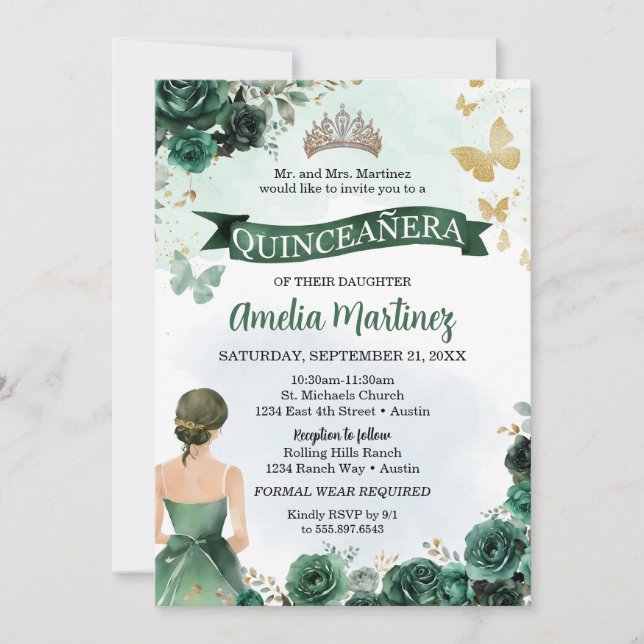 Invitación Quinceanera Esmeralda Verde Vestido Mariposa de Or (Anverso)