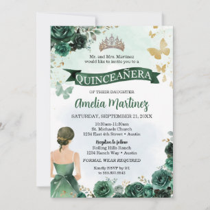 Invitación Quinceanera Esmeralda Verde Vestido Mariposa de Or