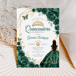 Invitación Quinceanera Esmeralda Verde Vestido Oro