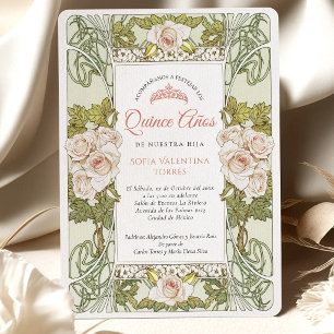 Invitación Quinceañera español verde salvia rosa