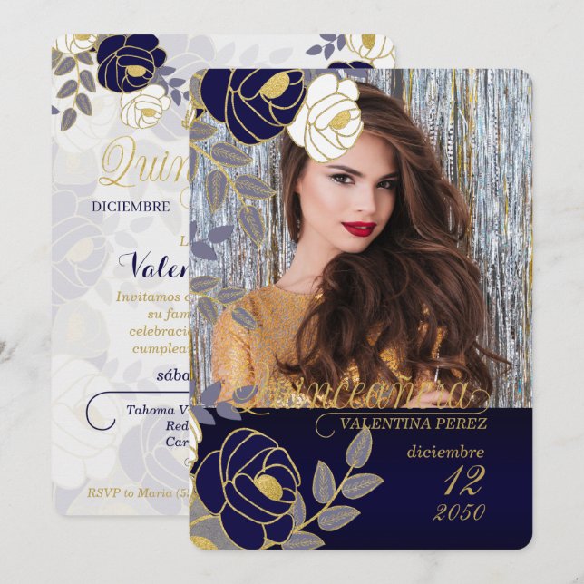 Invitación Quinceanera española con flor azul marino con foto (Anverso / Reverso)