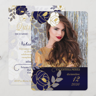 Invitación Quinceanera española con flor azul marino con foto
