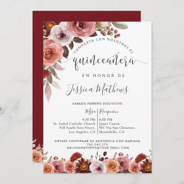 Invitación Quinceañera española, Marsala floral con toque de  (Anverso / Reverso)