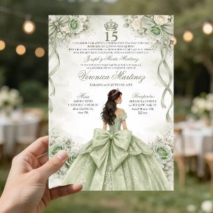 Invitación Quinceañera Española Princesa Verde Salvia 15 Años