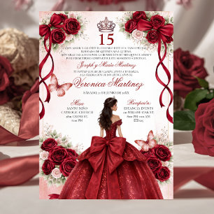 Invitación Quinceañera Española Rojo Borgoña 15 Años Princesa