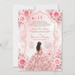 Invitación Quinceañera española rosas rosadas 15 años princes
