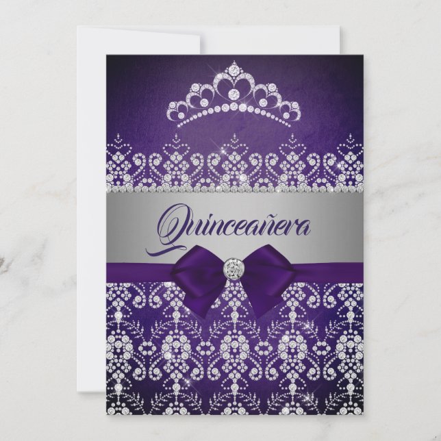 Invitación Quinceanera Espuma púrpura Diamante Tiara Bow (Anverso)