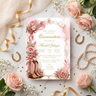 Invitación Quinceañera estilo vaquero elegante rosa y dorado