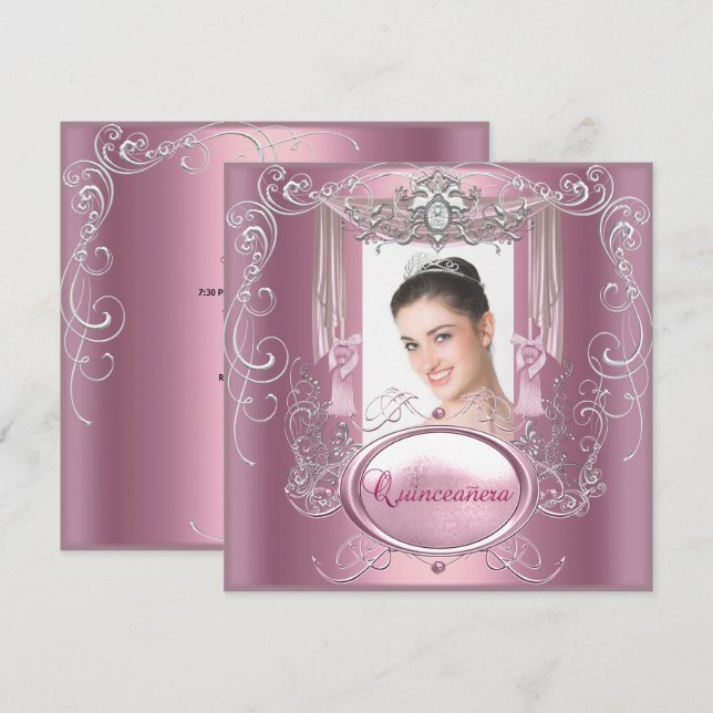 Invitación Quinceanera Estrella de Plata Rosa en 15 años (Anverso / Reverso)
