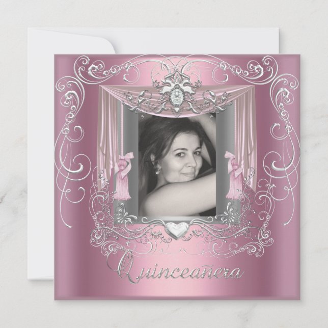Invitación Quinceanera Estrella de Plata Rosa en 15 años (Anverso)