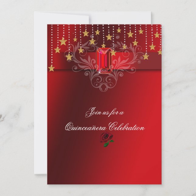 Invitación Quinceañera Estrellas Doradas Rosa Roja y Rosas Ro (Anverso)