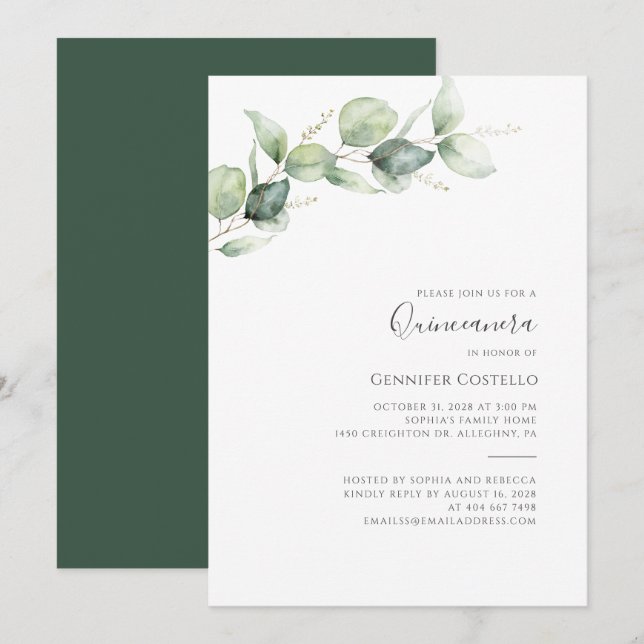Invitación Quinceanera Eucalyptus Invit de follaje (Anverso / Reverso)