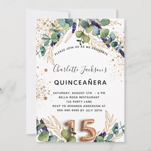 Invitación Quinceanera eucalyptus verde purpurina elegante (Anverso)