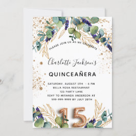 Invitación Quinceanera eucalyptus verde purpurina elegante