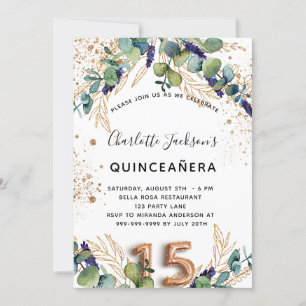 Invitación Quinceanera eucalyptus verde purpurina elegante