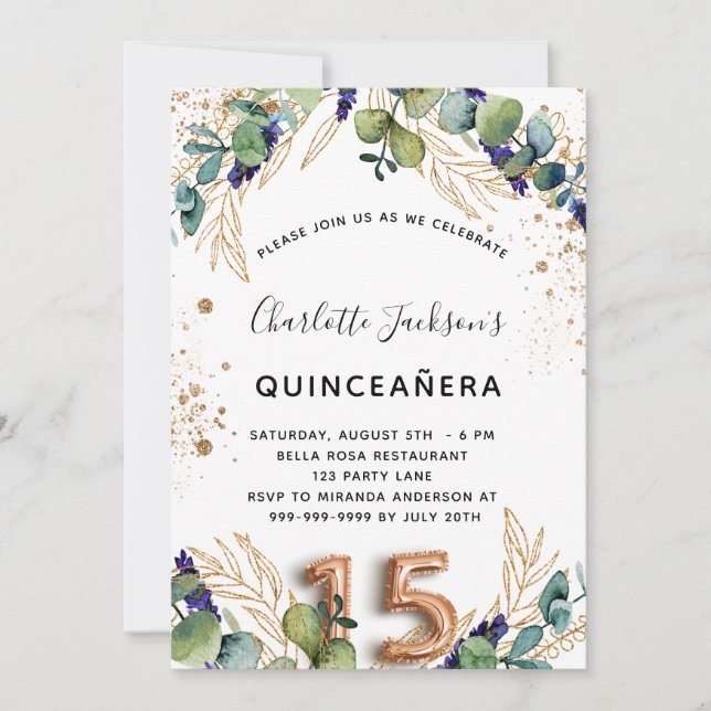 Invitación Quinceanera eucalyptus verde purpurina elegante (Anverso)